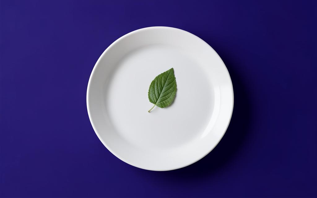 Plato blanco minimalista con una sola hoja verde sobre fondo azul profundo